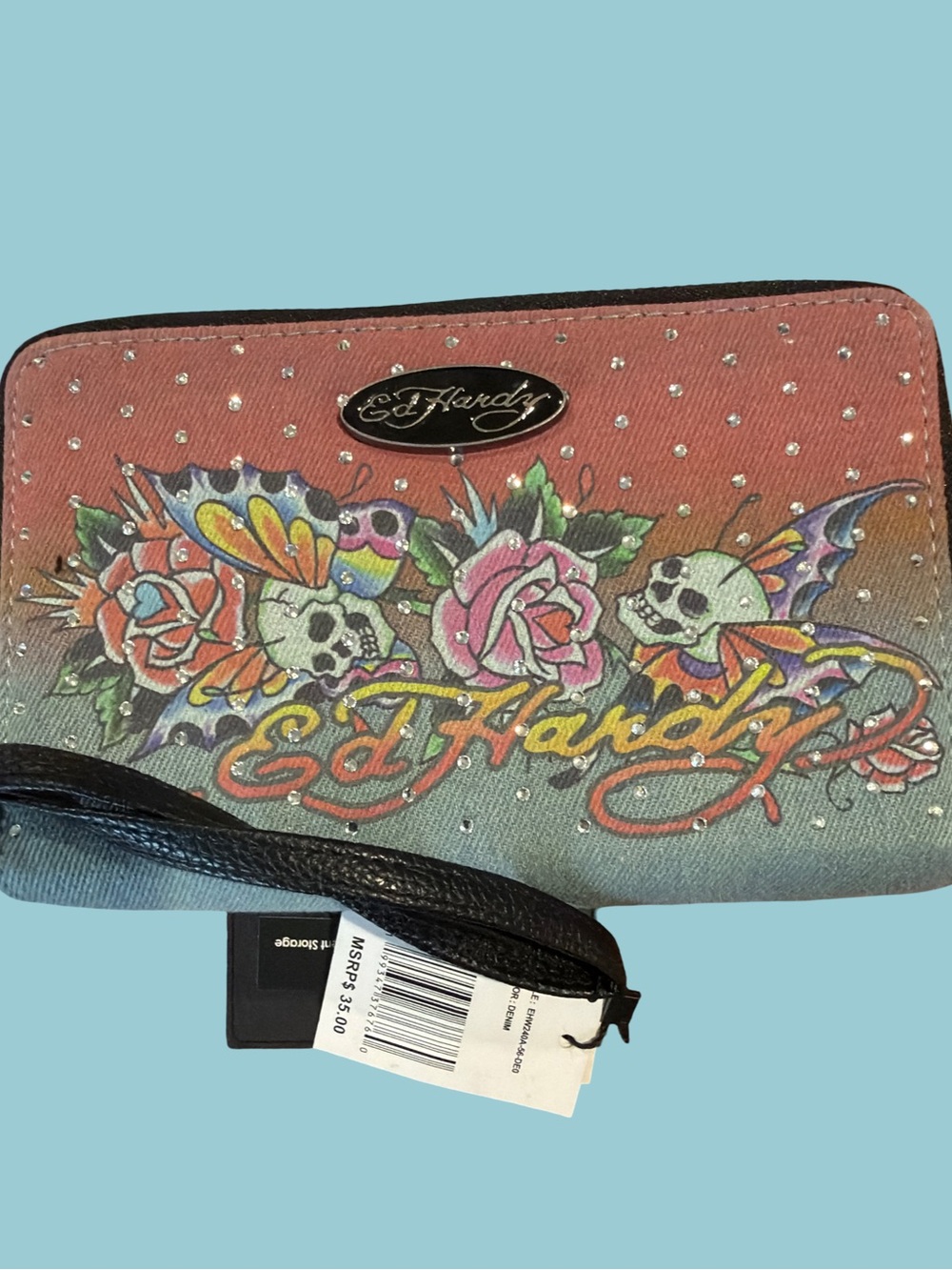 Ed Hardy Pink-to-Teal Gradient Floral Skull Wristlet with Rhinestones